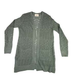 Pink Rose Sage Green Open Knit Longline Cardigan Duster with Pockets